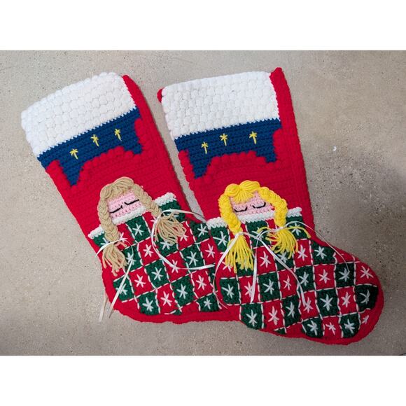 Pair of Vtg Crocheted Kitschy Christmas Stockings Handmade Sleeping Girl Appliqu - Picture 1 of 9